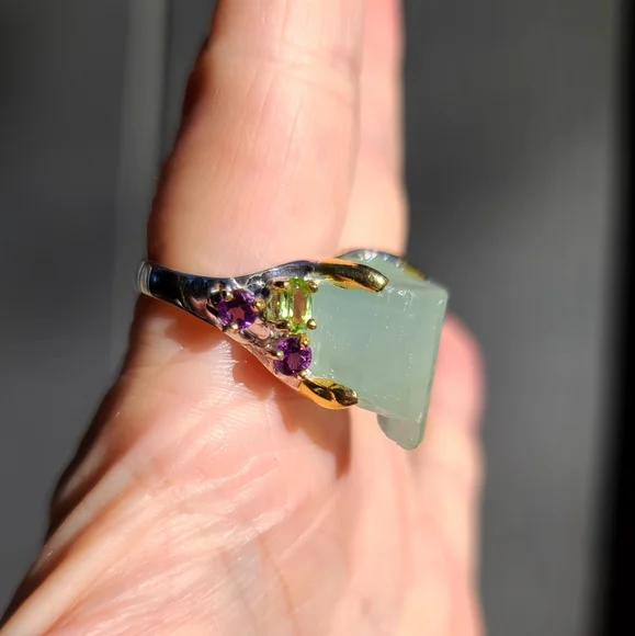 HUGE 30k Aquamarine RAW uncut w/Peridot & Amethyst Sterling &gold ring sz9 - Picture 3 of 9